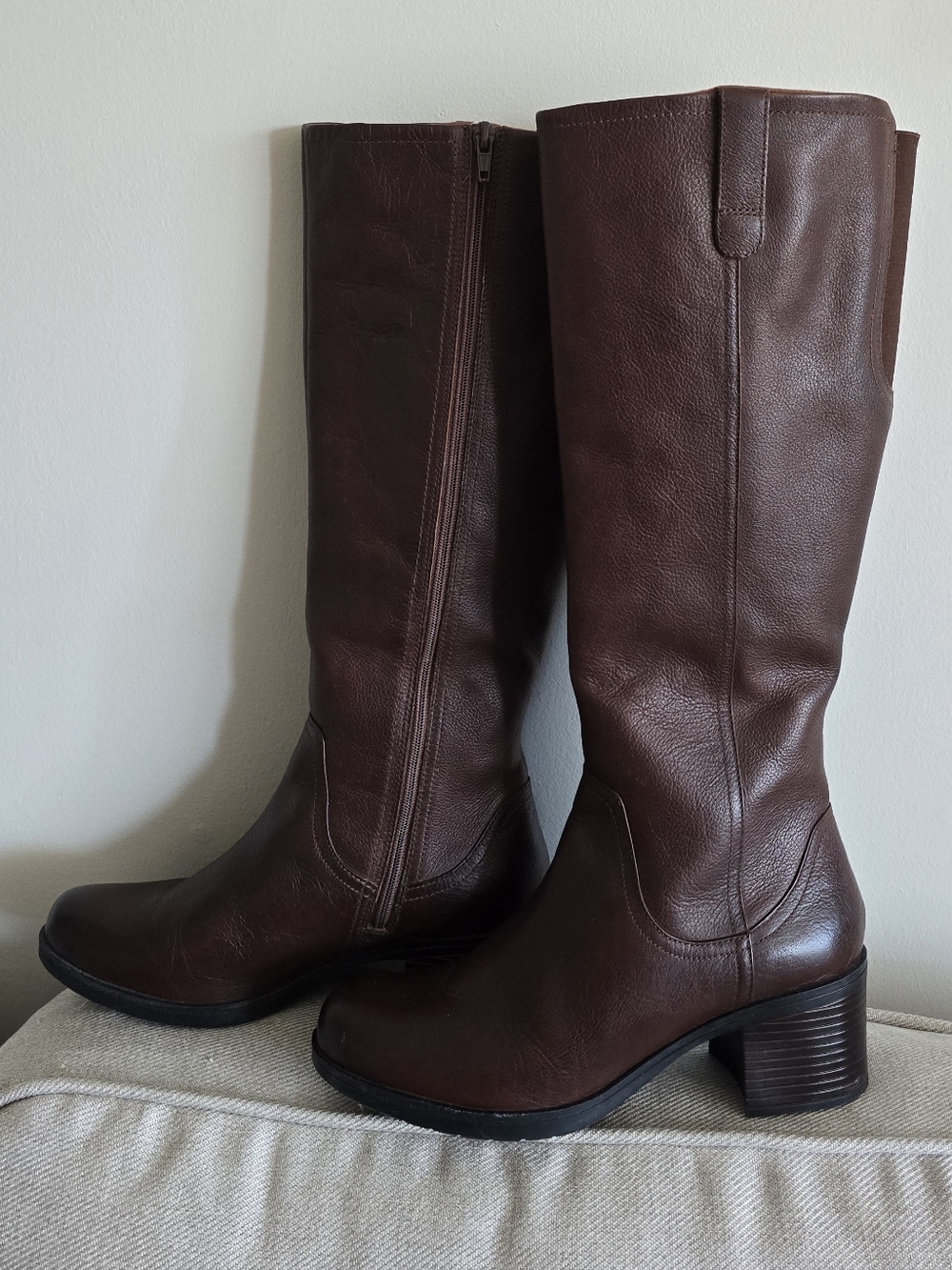 Clarks Dark Brown Leather Mid-Calf Block Heel Boots